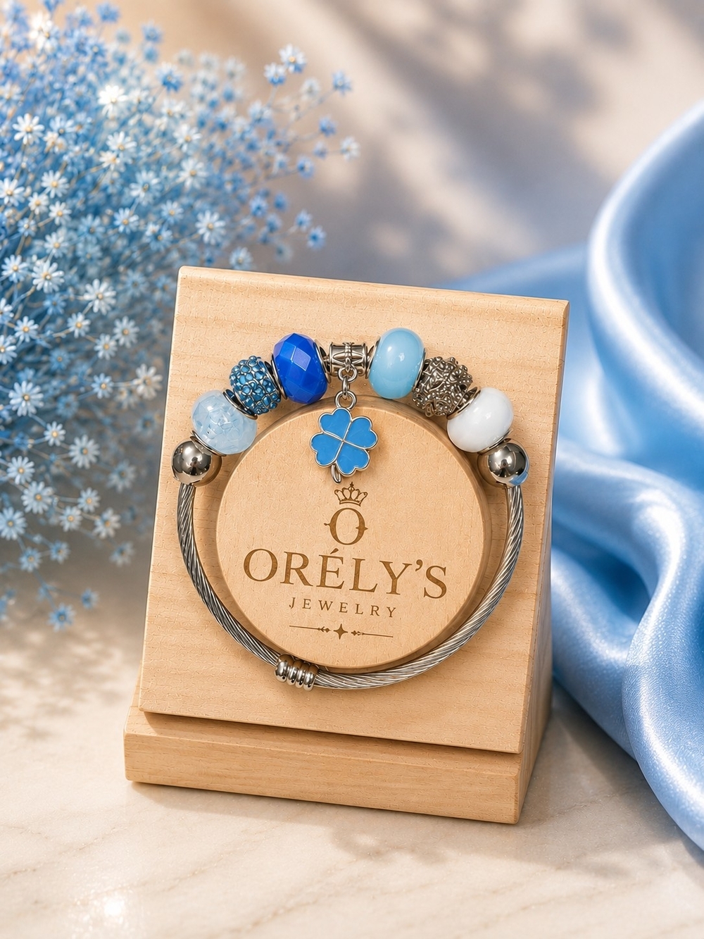 Handmade Blue Clover Charm Beaded Cable Bracelet